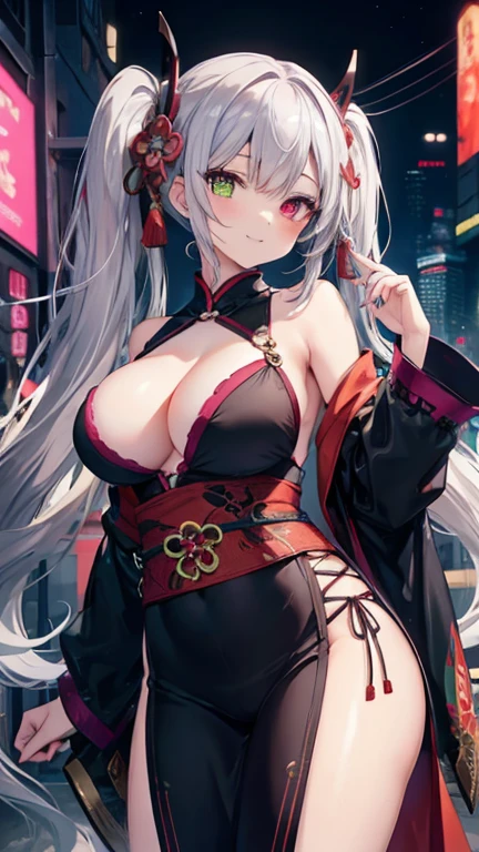 ((1girl)), (masterpiece, best quality), High resolution, Very detailed,4K,8k, ((Anatomically correct number of limbs),(Anatomically correct number of fingers)), ((seductive smile) ,(silver hair,Long twin tails,shiny hair:1.3), ((oiran),(Clothes with purple glitter lines)), (heterochromia,(red eye,green eye))), ((huge breasts),beautiful breasts,curvy),((Late Night),Cyberpunk cityscape,Vibrant neon glow)