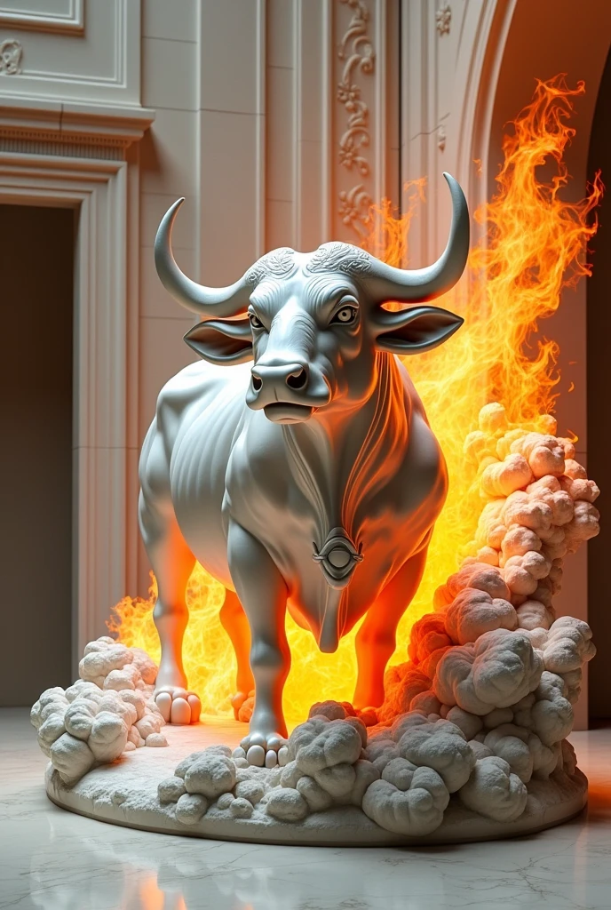create a structure of the tata ox and catching fire in the brush made of marble with aesthetic characteristics of neoclassicism