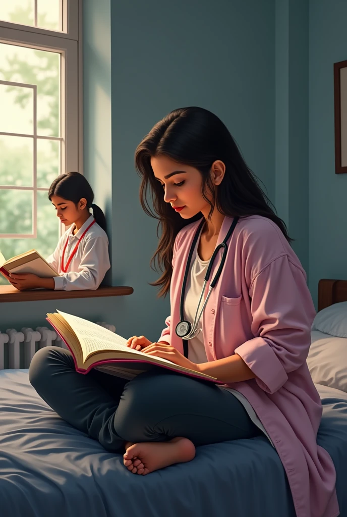 An indian girl reading on portable laptop table on a bed in a ladies hostel room.She is a mbbs student she reads davidson medicine book.A window present beside her bed.Another girl also reading in the same room but another bed