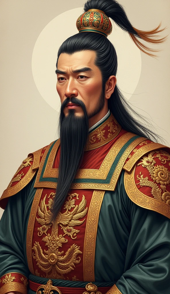 A dignified portrait of Emperor Taizong, the military mastermind behind the Tang Empire's expansion. He wears royal robes with a dragon motif and a ceremonial helmet, gazing confidently into the distance