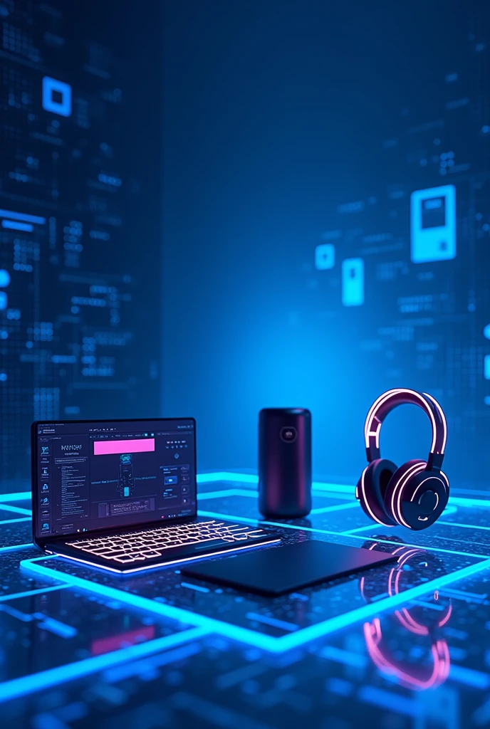 A digital composition representing an immersive technological environment. The predominant color is a deep and vibrant blue (#212121).

Elements:

- A backlit keyboard with blue and white keys, with a soft glow effect.
- A battery charger with blue cables and an LED screen displaying a charging percentage.
- An electronic device with a blue screen showing a programming code or a circuit pattern.
- A pair of headphones with blue cables and headbands emitting a soft glow.
- A background with a pattern of integrated circuits and microchips in blue and white.

Style:

- The image should have a futuristic and minimalist style, with clean lines and geometric shapes.
- The elements should be arranged harmoniously and balanced in the composition.