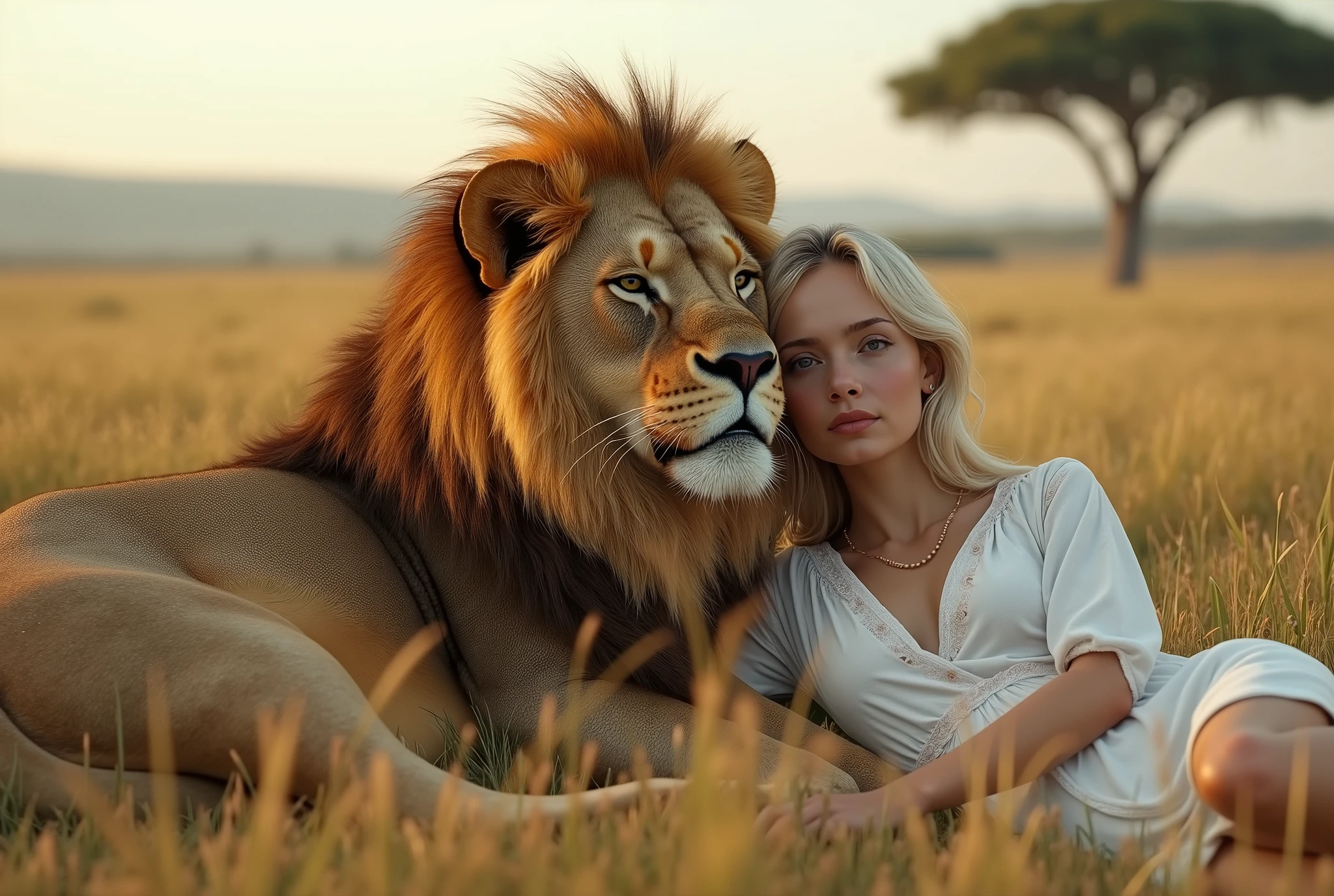 Create a captivating, hyper-realistic, AI-generated artwork of a lion lying on the ground in an African savanna. The lion should be depicted in a natural and tranquil moment, resting with its powerful, muscular form fully visible. Next to the lion, a White woman with blonde hair is lying down, leaning against the lion in a peaceful, relaxed manner. The scene should reflect the African landscape, with a backdrop of lush vegetation, tall grasses, and perhaps a few distant acacia trees. Use earthy, natural tones to depict the savanna and the lion’s golden-brown fur, highlighting the contrast between the lion, the woman, and the surrounding environment. The lighting should be soft and natural, conveying the warmth of the African sun and the peacefulness of the scene. The style should be hyper-realistic yet artistic, with an intense focus on the fine details of the lion, the woman, and their habitat. The final artwork should be high-resolution and visually striking, capturing the serene connection between the woman and the lion in their natural setting.