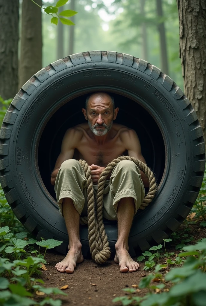 A man sit inside a tire tired with a very long rope like he is doing potty sitting on a tire and background will be in forest