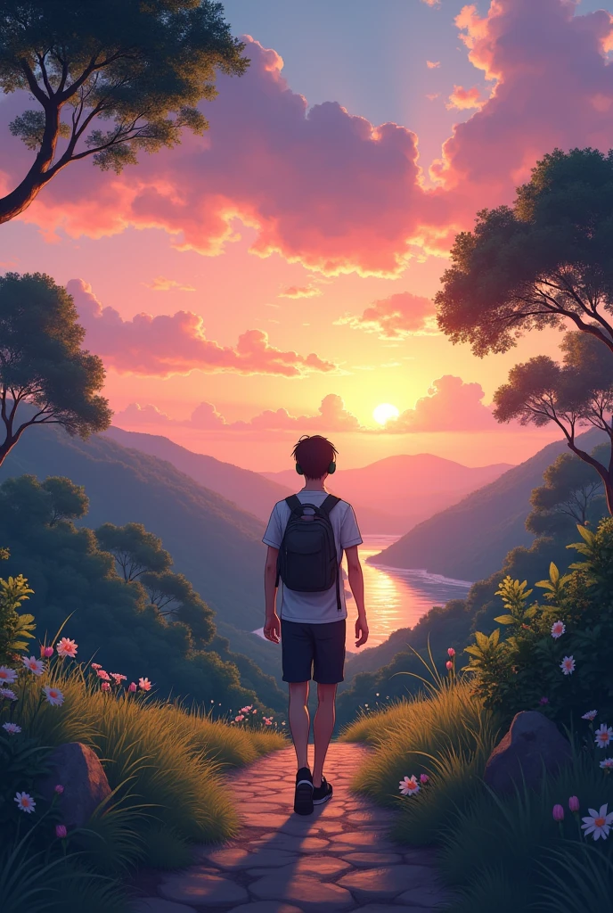 A guy walking with phone listening to music with a headset on a beautiful sunset anime style and landscape mode