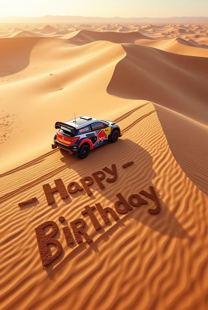 Joyeux anniversaire écrit sur une dune de sable dans le désert par une voiture de rallye WRC