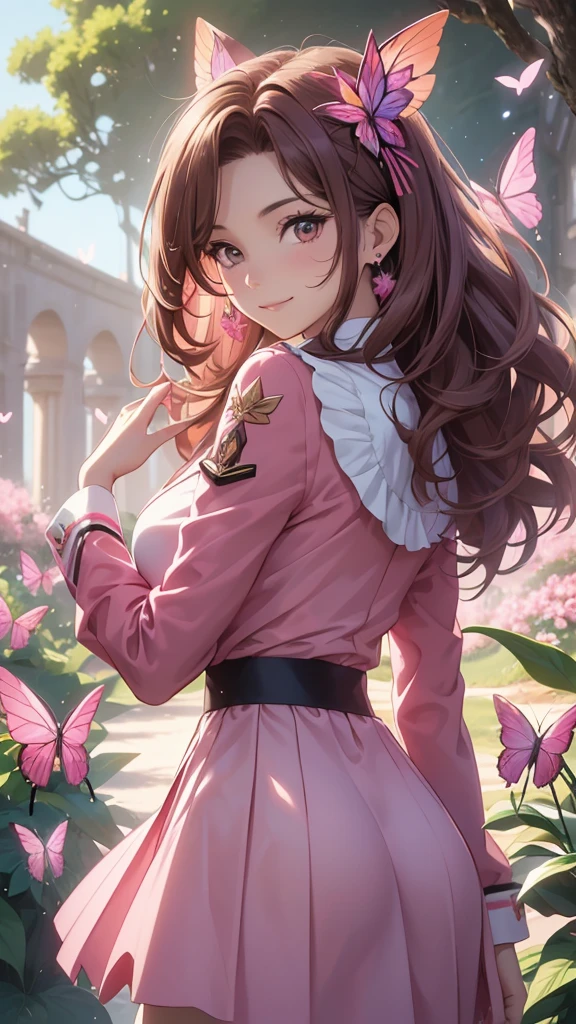 (best quality,4k,8k,highres,masterpiece:1.2),ultra-detailed,(realistic,photorealistic,photo-realistic:1.37),acrylic painting,beautiful Brazilian model in a uniform outfit with downy hair,beautiful Brazilian model with extremely colorful brown hair and detailed facial features,beautiful Brazilian model standing in a beautiful garden sakura flowers, long hair,cat ears, hair bows, red and pink uniform outfits, smile, happy face,light brown hair,butterflies, brown eyes, mature woman, older woman, 30 year old, adult woman. Older lady, posing,Solo, teal and pink butterflies, close up