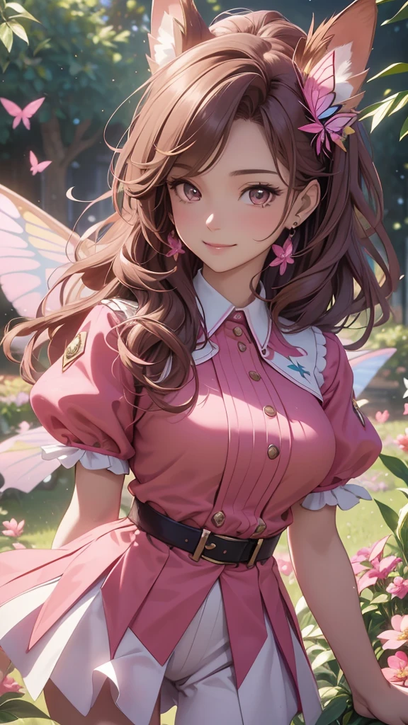 (best quality,4k,8k,highres,masterpiece:1.2),ultra-detailed,(realistic,photorealistic,photo-realistic:1.37),acrylic painting,beautiful Brazilian model in a uniform outfit with downy hair,beautiful Brazilian model with extremely colorful brown hair and detailed facial features,beautiful Brazilian model standing in a beautiful garden sakura flowers, long hair,cat ears, hair bows, red and pink uniform outfits, smile, happy face,light brown hair,butterflies, brown eyes, mature woman, older woman, 30 year old, adult woman. Older lady, posing,Solo, teal and pink butterflies, close up