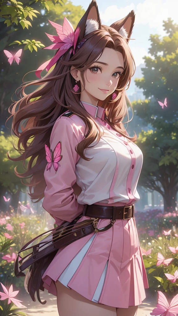 (best quality,4k,8k,highres,masterpiece:1.2),ultra-detailed,(realistic,photorealistic,photo-realistic:1.37),acrylic painting,beautiful Brazilian model in a uniform outfit with downy hair,beautiful Brazilian model with extremely colorful brown hair and detailed facial features,beautiful Brazilian model standing in a beautiful garden sakura flowers, long hair,cat ears, hair bows, red and pink uniform outfits, smile, happy face,light brown hair,butterflies, brown eyes, mature woman, older woman, 30 year old, adult woman. Older lady, posing,Solo, teal and pink butterflies, close up