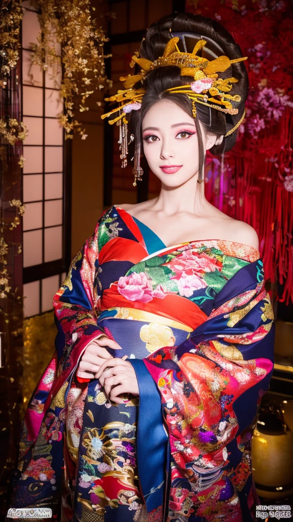 ((masterpiece(:1.4)，Highest quality，Ultra-high resolution，Highest quality，8k，Very detailed，In detail))。night，Fireworks display，Japanese，Beautiful woman，Big Breasts，Flashy gal makeup，Oiran，Long-sleeved kimono，uchikake，Gold brocade，Sunny clothes，Tying up hair，hairpin，hair ornaments，can，Oiran道中，Gorgeous and luxurious，(Fireworks displayのnightに河川敷で花火を背景にしたスナップ写真)，Accentuate your breasts，Pull the dress up to show your shoulders，