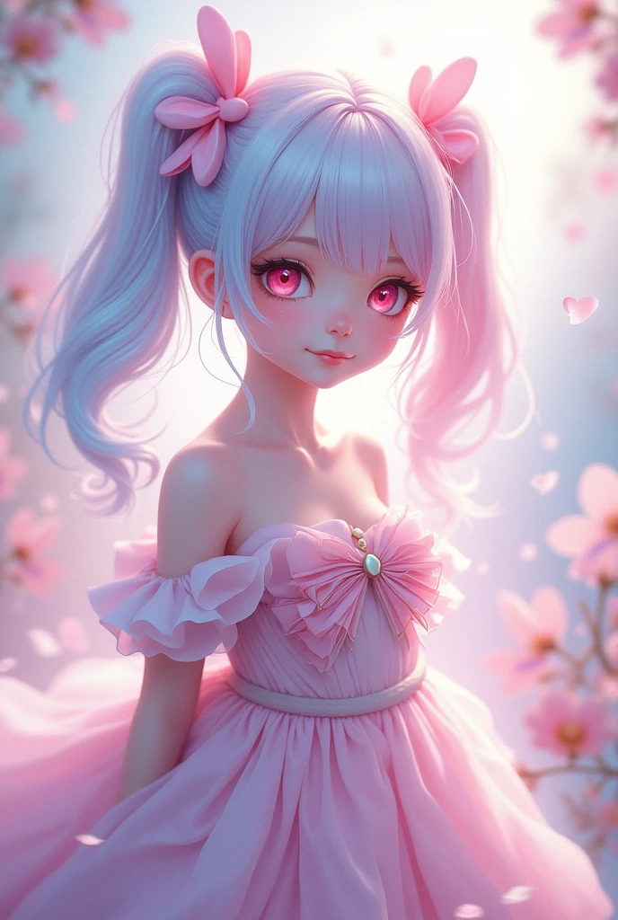 Hair color: light pink and light blue inner color、Twin tails、ribbon、dress、Eye color: Pink