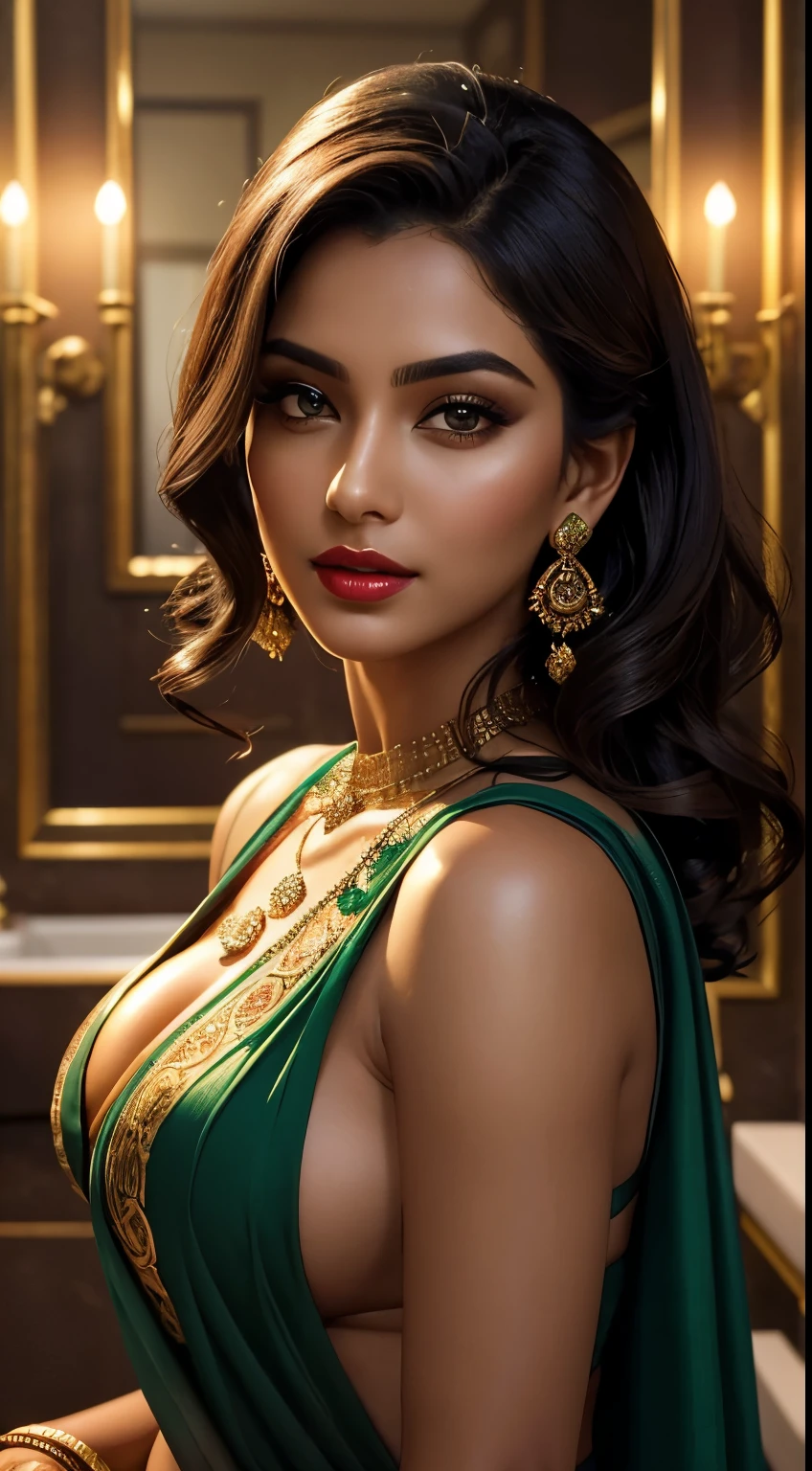 Amazing portrait of a woman who is 30 years old and an adult and a beautiful woman in a green saree with her luscious curves accentuated with a captivating gaze inviting the viewer with photorealistic and intricate details and cinematic lighting and highly detailed and hyper-realistic masterpiece in 8K with stunning makeup and piercing eyes with a seductive expression wearing lavish jewelry and ornate patterns with luxurious textures in an opulent bathroom setting with dramatic shadows and vibrant colors having glossy skin and flawless complexion in a mesmerizing portrait during night time with soft lighting showcasing her red lips and her beautiful face in detail and close up
