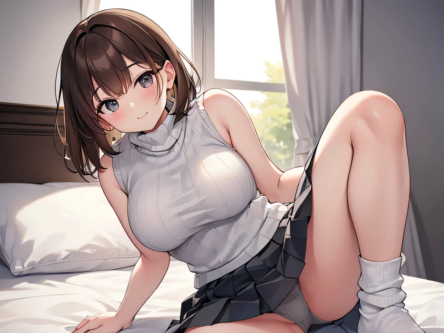 (Masterpiece, top quality, high resolution, realistic photo, realistic looking skin:1.1),
(The woman is sitting, crouching, or lying on a bed in her bedroom, showing her panties to us:1.8), 
(Her skirt is short and her panties are visible: 1.8),
(She should have a happy smiling expression:1.5),
(She is wearing a white sleeveless turtleneck knit: 1.8),
(She is wearing a gray box pleated skirt:1.8),
(She is wearing white loose socks: 1.8),
(Her panties are white with a pattern: 1.5),
(She has medium brown hair: 1.8),
(She has relatively large breasts: 1.5),
(She is the most popular beauty in her grade: 1.5),
(Located on the bed in the bedroom: 1.5),
1 Japanese girl, solo, full bodied esbian, beautiful eyes, shining eyes, shining thighs, NSFW