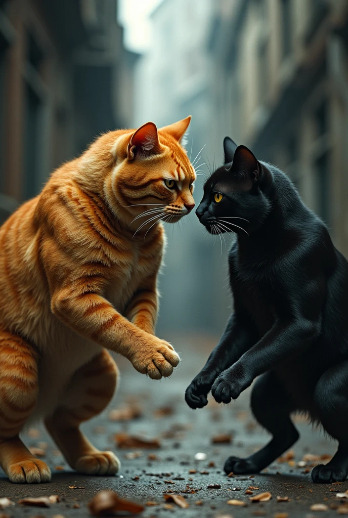 The muscular orange cat, defeat the black cat,