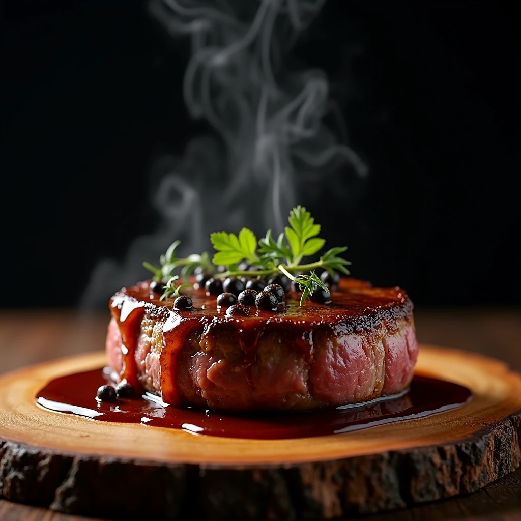Steak recipe clean picture realistic food, steaming hot, peppercorn sauce on top of the steak and dripping off the side of the steak, on rustic wood floor, placed on a dark background, medium contrast
