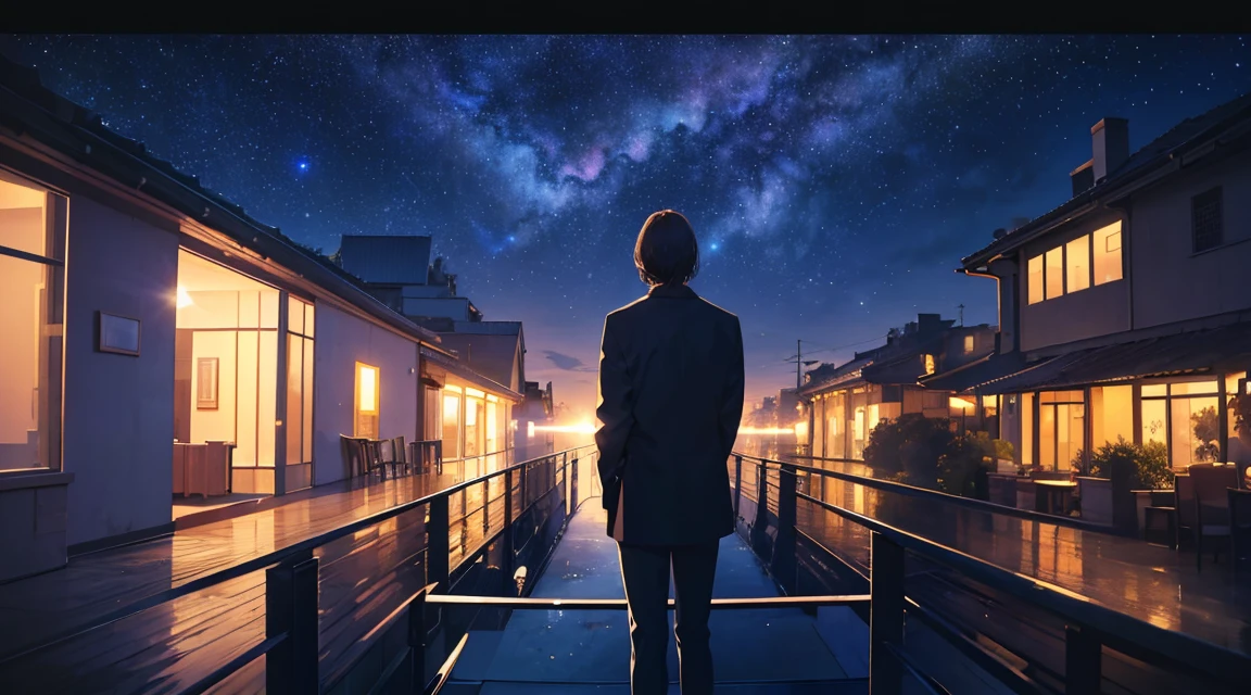 (masterpiece, Highest quality,Movie Frame),wallpaper,Standing on the balcony looking at the sky.,Color Horizontal,Detail Surface,alone,milky way,board member,,At night,starry sky,star,meteorite,luz de la board member,Dim Light,Panorama,Wide-angle view,starcloud,Very detailed