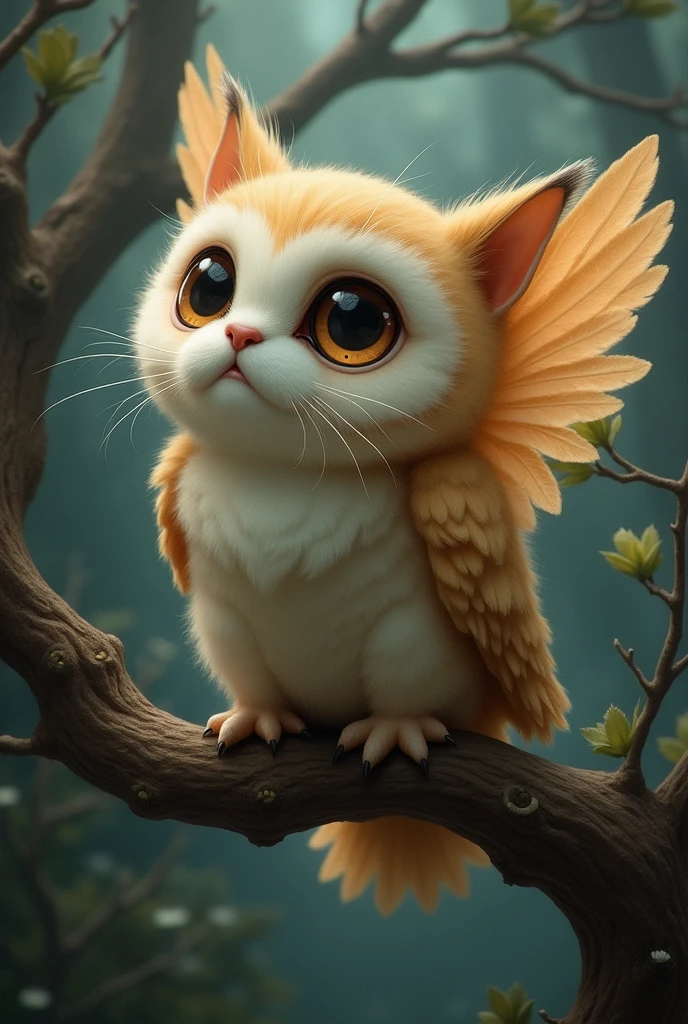 Cat + Owl fusion hybrid A cat with the large, round eyes and feathered wings of an owl, perched on a branch.