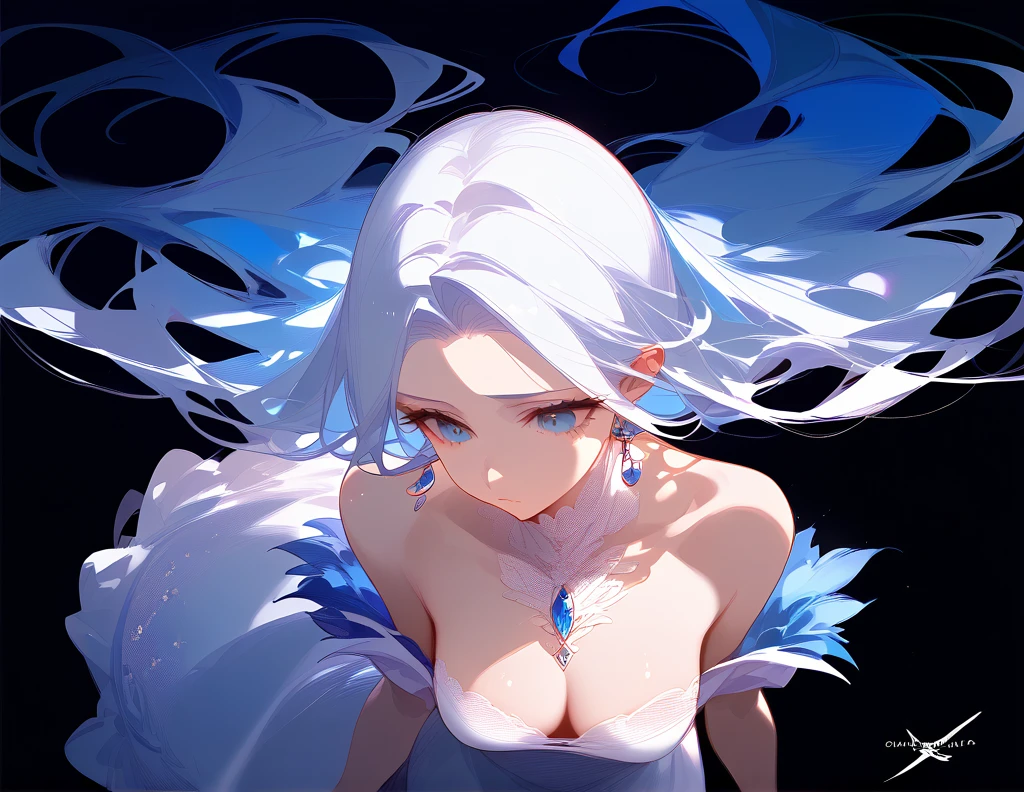 White blue hair mixed with elegant light, long hair, face looking down, wearing a white wedding dress, chest, neck, shoulders, bare arms, beautiful blue eyes, black background, elegant palace, White hair flowing back elegantly, narrow eyes with a sad expression, the camera position of the body is seen from above the head.