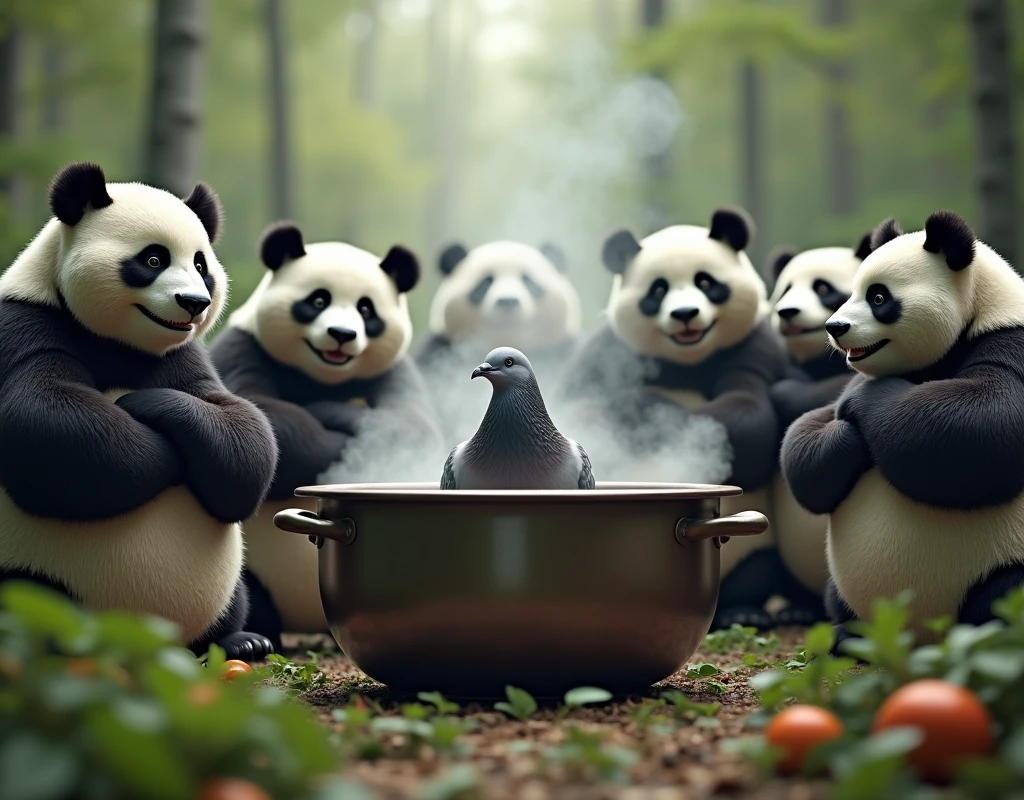 Ultra-realism, (masterpiece, best quality, ultra detailed, photorealistic:1.2), ((Muscular panda has a smiling expression)), A group of muscular pandas with folded arms are gathered around watching a grey pigeon being cooked in a big stockpot on the stove., forest, (big stockpotからグレーのハトの頭が出ている), (Gray pigeon has a frightened expression),