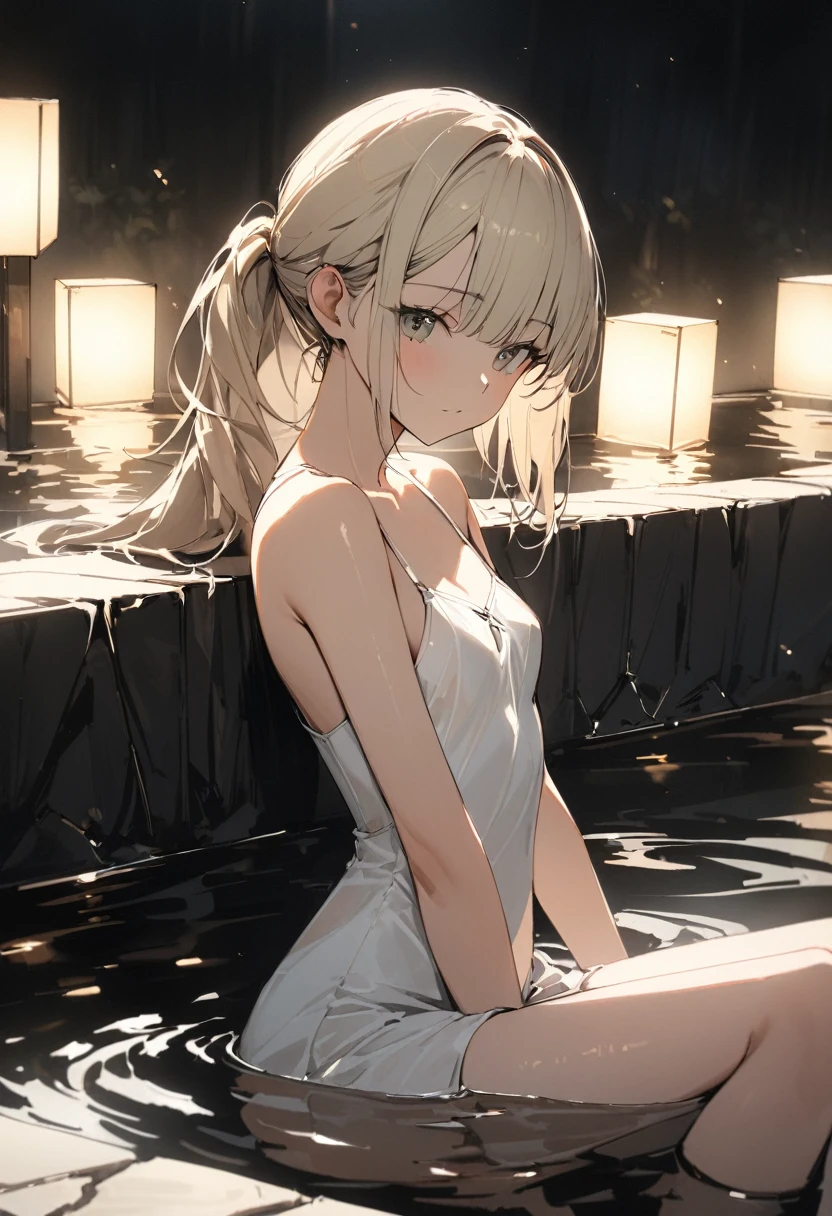 Soaking in a vast hot spring,steam,relax,Bare shoulders,best lights,feeling good,(one person, (high school girl),slim,small breasts,feminine,platinum_blonde ponytail hair,side bangs,Slope_eye),BREAK,conceptual art, masterpiece, Super Detail, Attention to detail, high quality, 最high quality, High resolution