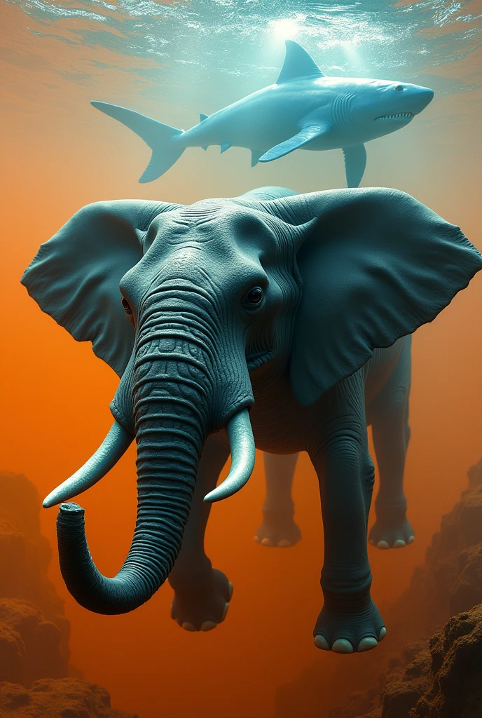 Combination of shark and elephant in sea with blue wale in orange colour water
