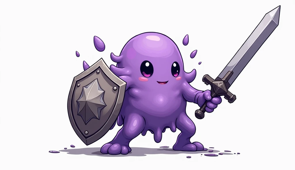 ((Highest quality)), ((masterpiece)), (detailed),A gel-like, disintegrating creature、Purple、No limbs、Holding a metal hero's shield in one hand and a metal hero's sword in the other、Her face is cute、One person、Gender: Male、Anime Style、Hand-drawn drawing