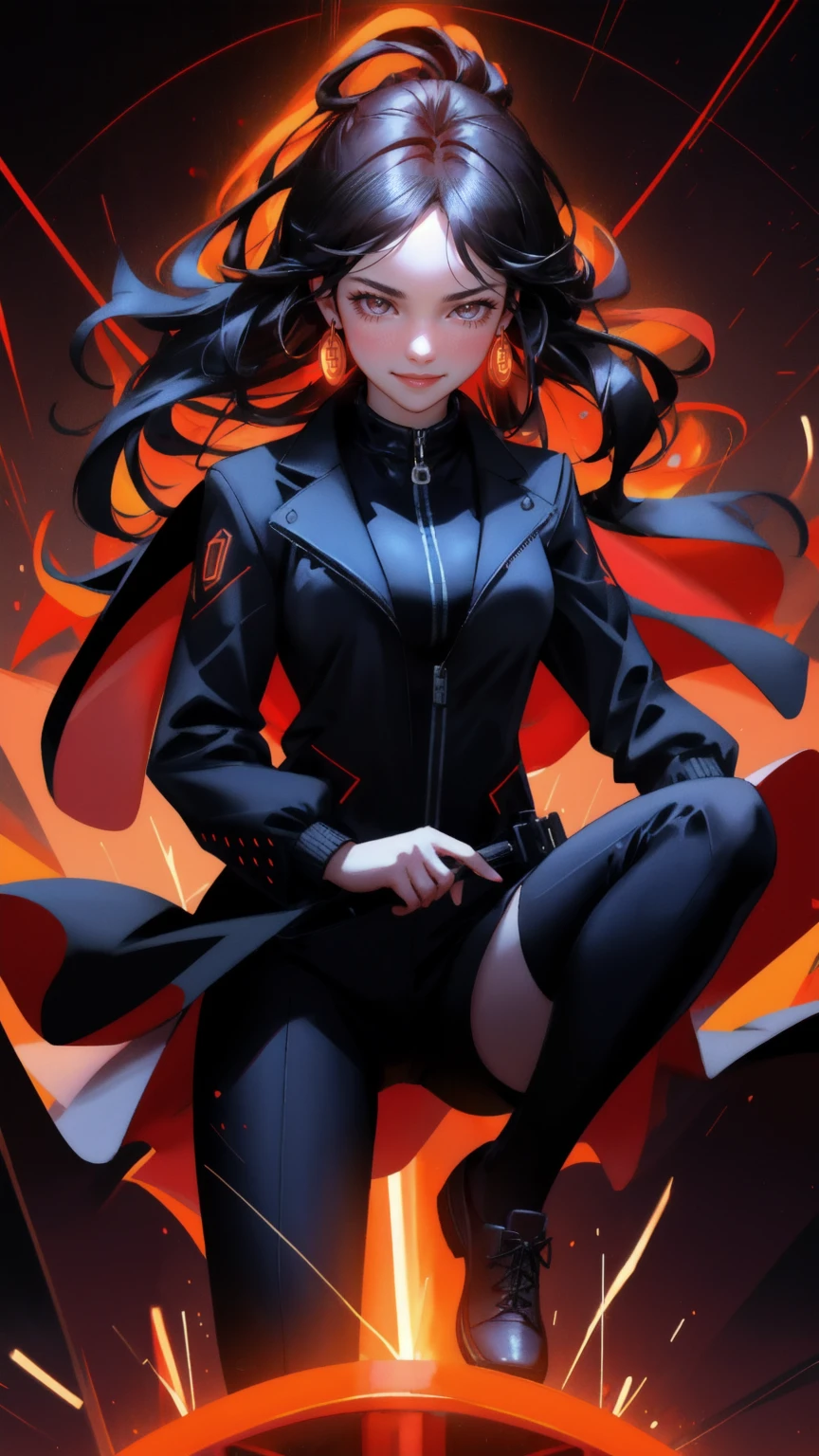 Create an image featuring a dynamic young woman exuding energy and excitement, riding atop a giant, glowing Bitcoin coin. She's dressed in a sleek black suit with an open collar, symbolizing a blend of professionalism and adventurous spirit. Her expression is fierce and triumphant, with a broad, confident smile. The background is a vibrant red with various cryptocurrency-related graphics like rising and falling charts, symbolizing the volatile nature of the market. The scene is electrified with sparks and smaller coins around her, enhancing the sense of motion and energy. The overall atmosphere is one of thrilling engagement with the world of digital currency.
