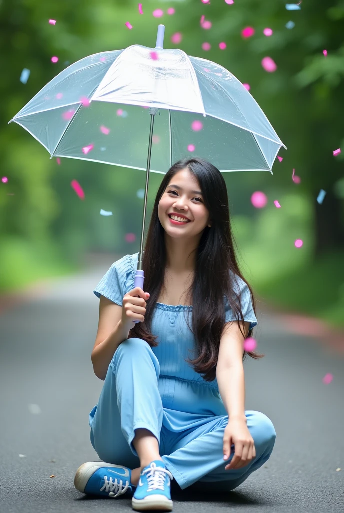 Vibrant and whimsical photograph featuring a young woman sitting on a paved road, surrounded by lush greenery. She has long, dark hair and a light skin tone, and she is smiling joyfully. She is holding a transparent umbrella above her head, and colorful confetti is cascading down around her, creating a magical and festive atmosphere. She is dressed casually in a light blue dress, blue trousers and blue sneakers. The background is slightly blurred, emphasizing the subject and the playful scene.