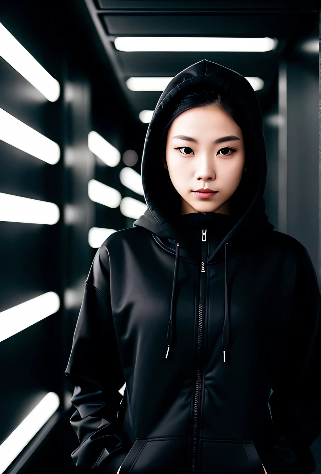 A beautiful cyber hacker from Hong Kong, dressed in all black with a sleek black hoodie. Her captivating black eyes and silky black hair add to her mysterious allure. Cloaked in darkness, she operates with precision and stealth, her beauty matched only by her intelligence and danger.

