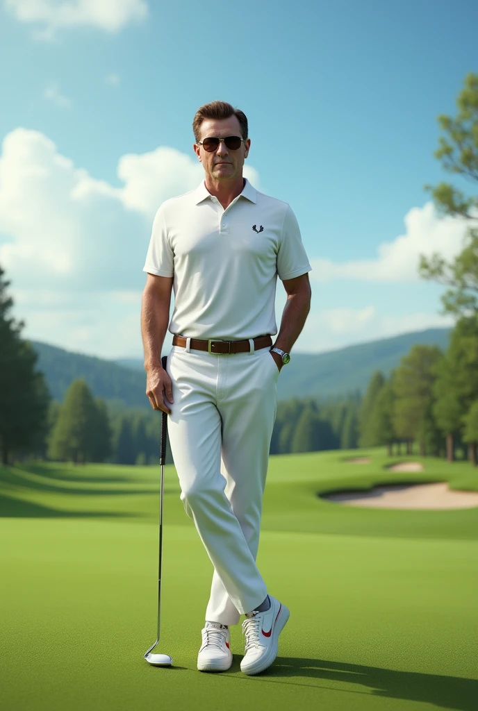 (Photorealism:1.2), golfer playing on the course full body brown hair and eyes wearing a white Fred Perry polo shirt and Rayban sunglasses and white Nike sneakers 8k ultra realistic photorealistic super detailed .