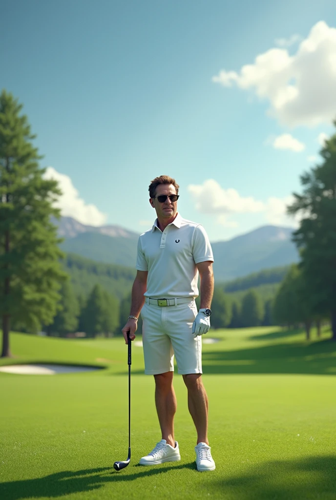 (Photorealism:1.2), golfer playing on the course full body brown hair and eyes wearing a white Fred Perry polo shirt and Rayban sunglasses and white Nike sneakers 8k ultra realistic photorealistic super detailed .