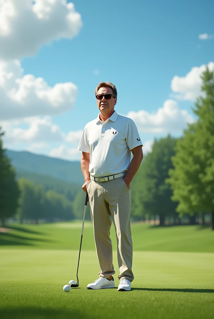 (Photorealism:1.2), golfer playing on the course full body brown hair and eyes wearing a white Fred Perry polo shirt and Rayban sunglasses and white Nike sneakers 8k ultra realistic photorealistic super detailed .