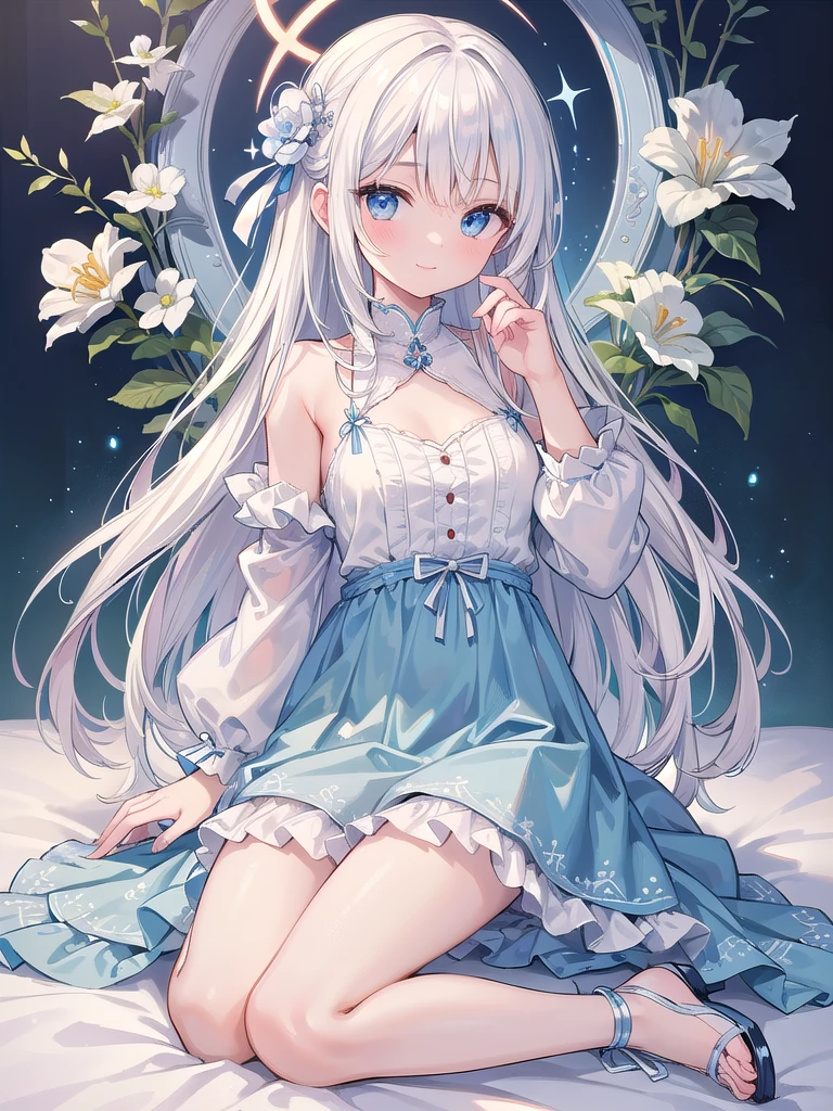 (masterpiece, Best quality, Very detailed CG, Intricate details: 1.2), 8k wallpaper, masterpiece, Best quality, Super Detail,Textured Skin, Very cute face，Ultra HD, Anatomically correct，((White hair))，blue eyes，，Halo on the head，Lovely smile，Lazy expression，Blue and white dress，Character Design，Combat Status，Full body picture，Simple background