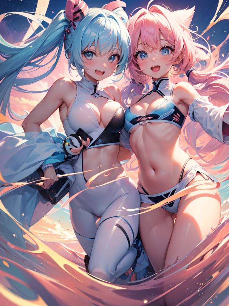 (((anime-style cute face)))、(((20-year-old woman))),(((Light blue twintails))),最high quality, ((Sharp details)), (8k, RAW Photos, 最high quality, masterpiece), (looking at the camera),((((Cute Smile))))、Very big eyes、anatomically correct body、Big thighs、Muscular woman、The face is bright、Professional Lighting、Cute little breasts、Emphasis on the chest、(Pink and white long sleeve surf suit、Belly button、slit、Cute frills)、(black and pink spats)、high quality,High resolution,16K,Sharp lines,1 girl,female surfer ,At the surfing venue,Beautiful face in every detail,Detailed clothing,Beautiful Eyes,nice,Dynamic Angle