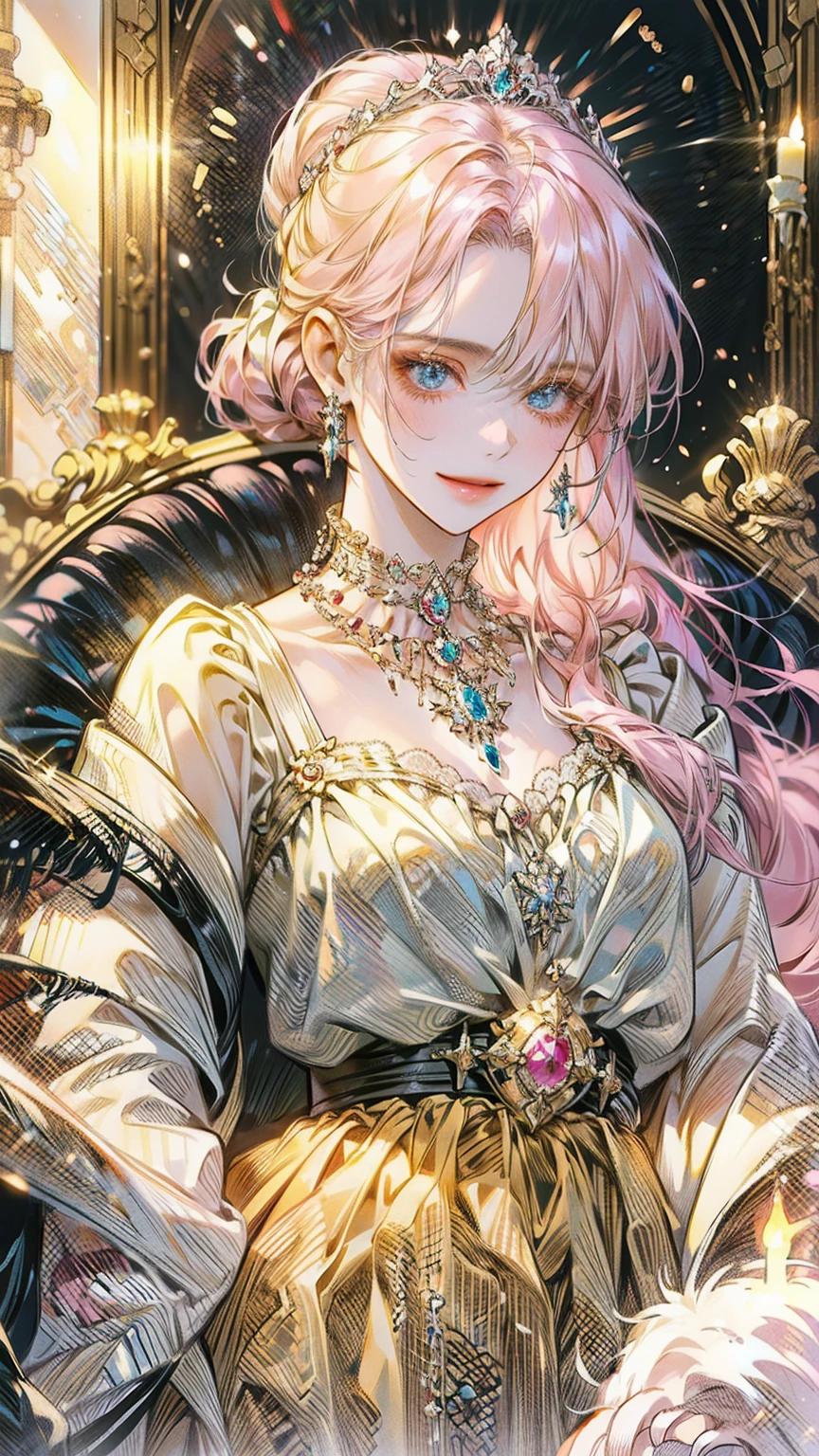 ((best quality)), ((masterpiece)), ((Romance Fantasy)), ((illustration)), (detailed), (clear), (Perfect), 1 woman, mature, pure, Smiling, Long pink hair tied up in a ponytail, With bangs, blue eyes, abundant eyelashes, Deep double eyelids, pretty lips, big bust, small waist, Ruby Necklace, Ruby Tiara, Black blouse, Black bell bottoms, A look down, Arms crossed, A white tiger sits behind