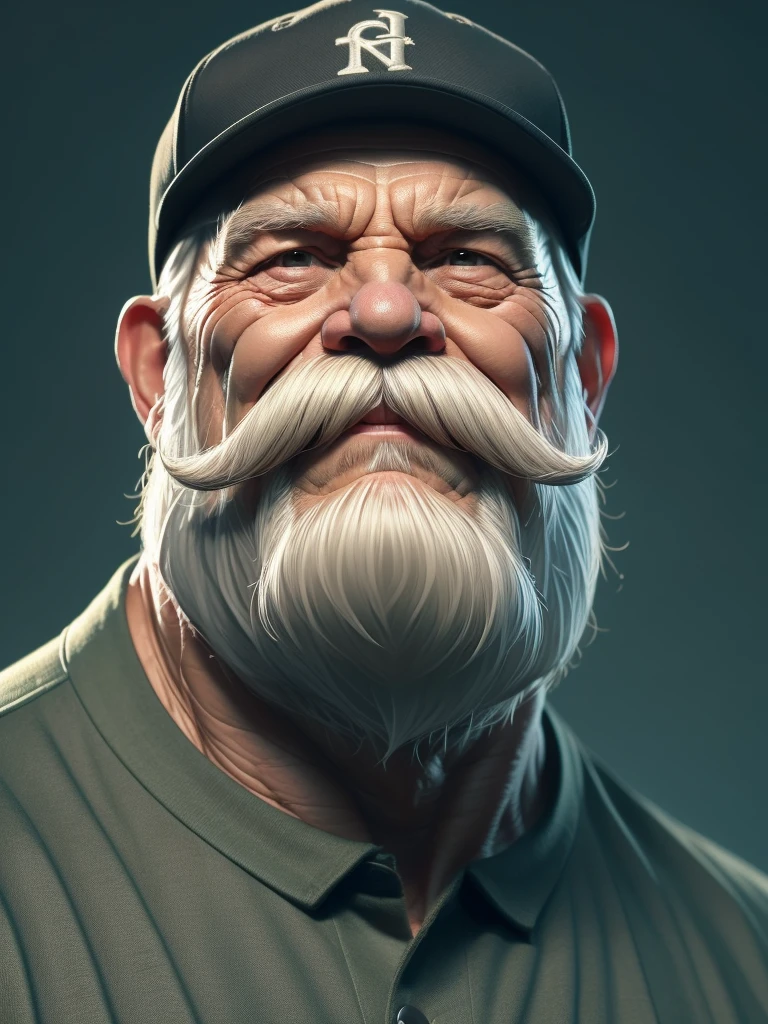 a portrait of an old man wearing a shirt, upperbody, standing in fields, (mwvector), baseball cap, vector, thick mustache, long beard, 8k, high quality, photorealistic, detailed wrinkles, detailed facial features, detailed texture