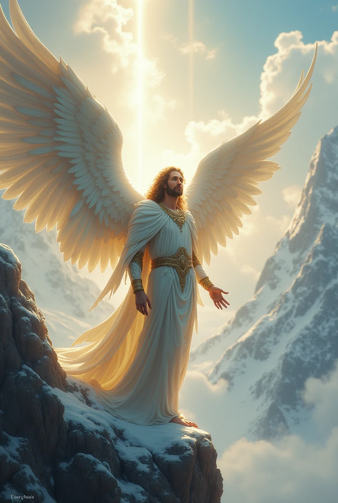 "Remiel, the archangel of hope and resurrection. He guides souls into the afterlife and brings comfort to lost souls.." on a mountain