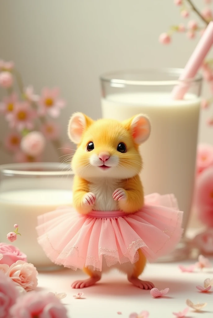 Spawns a yellow hamster, dressed in a pink ballet tutu, next to a giant bowl of milk