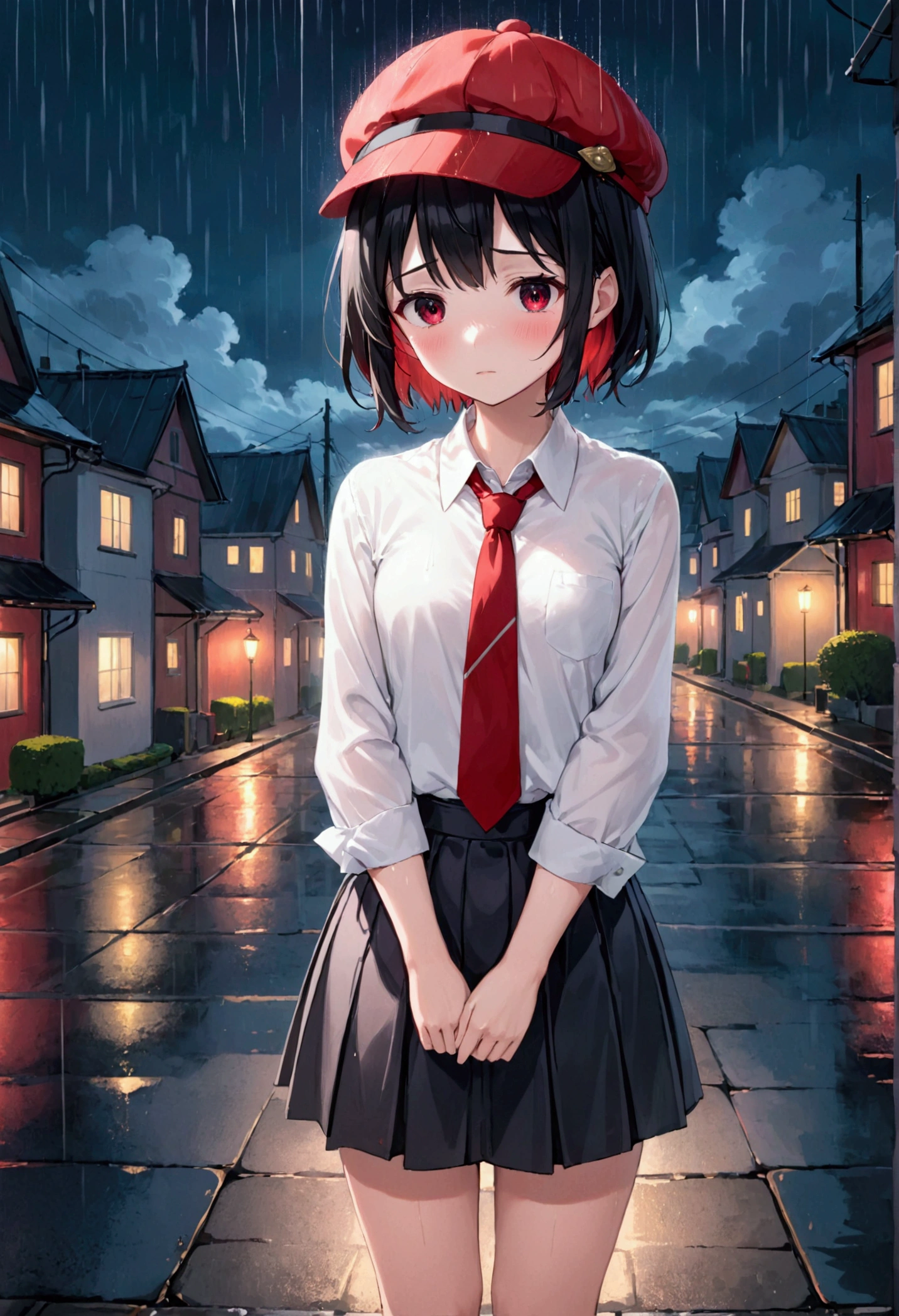 anime girl, short black hair without bangs, black eyes, wearing a white shirt, red tie, white knee-length skirt, wool hat red, blush, a bit sad, it was raining at night, looking at the houses with low lights on