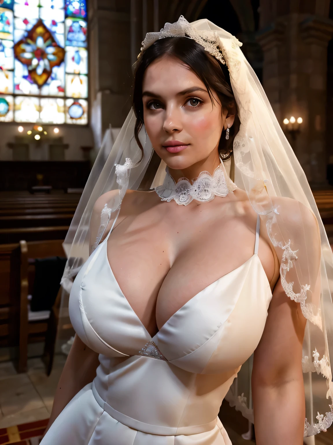 nsfw, masterpiece,full length photo, deep DOF, intricate background, highly detailed background, (wedding in a church), 1girl, 1, solo, (tall:1.2), (slender:1.2), (fit), (narrow waist:1.2), (narrow hips:1.2), (long slender legs), (extremely huge breasted busty bride with a huge round cantilevered chest:1.5),extremely huge breasted busty (Ana de Armas:Chelsea Charms:0.5), white lace gown, white veil, passionate gaze, male gaze, huge breast fetish photo trending on DeviantArt, canon eos 5d mark iv, ADAarmas,DeniseMilani