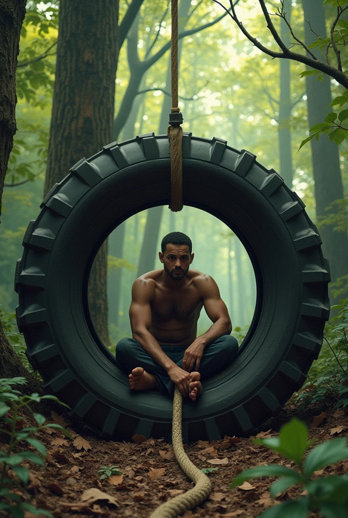 A man sit inside a tire tired with a very long rope
That is tied with tyre hanging it like he is doing potty sitting on a tire and background will be in forest