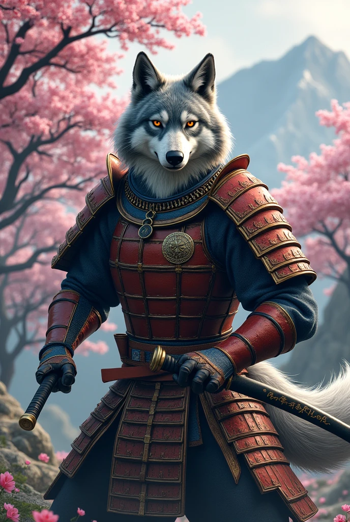 Full-body gray adult anthropomorphic wolf in samurai armor with a katana in his right hand, in attack position with a Sakura tree behind and a mountain in the background