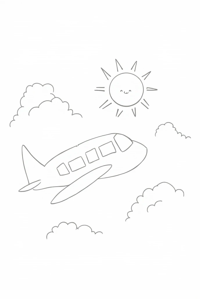 Please, Create a black and white drawing of a plane flying through the sky, with clouds and a smiling sun in the background. The plane should have a simple design, with large wings and visible windows, ideal for coloring, and leave room for kids to add more planes or birds.