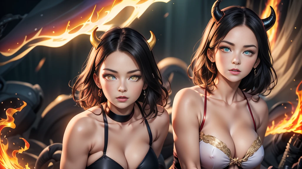 young 3 girls .with fangs, mouth, blood, large, open, claws, blue eyes, red lips, thin eyebrows .tall muscular big breasts and big buttocks heart in hand hair tied up. jungle with animals 