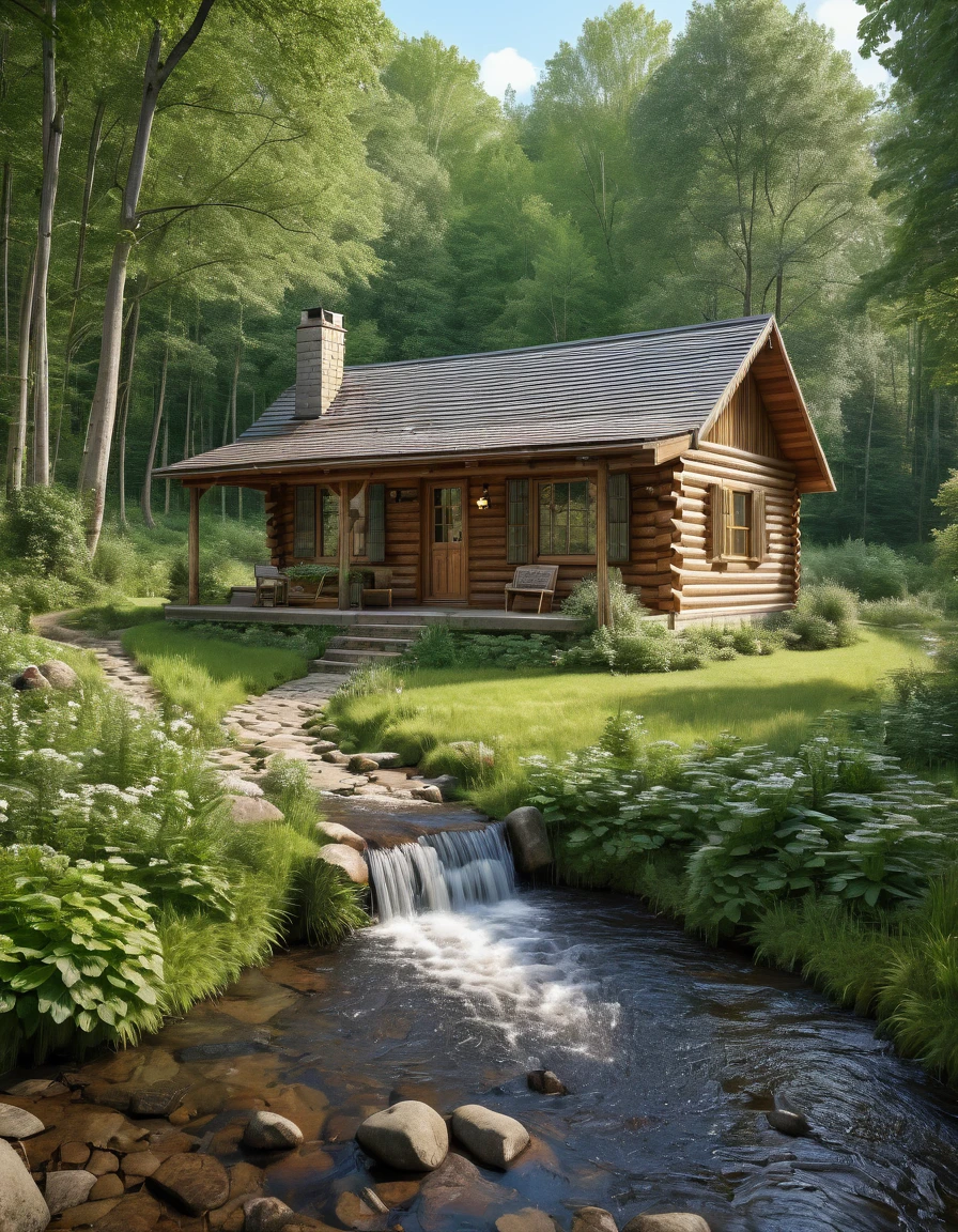 arafed log cabin sitting next to a stream in a forest, house in forest, cottage in the woods, cabin in the woods, cottage in the forest, log cabin, cottagecore, beautiful house on a forest path, cottagecore!!, solitary cottage in the woods, idyllic cottage, log homes, a brick cabin in the woods.