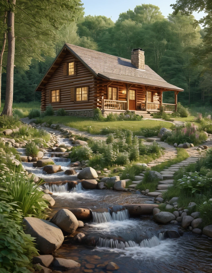 arafed log cabin sitting next to a stream in a forest, house in forest, cottage in the woods, cabin in the woods, cottage in the forest, log cabin, cottagecore, beautiful house on a forest path, cottagecore!!, solitary cottage in the woods, idyllic cottage, log homes, a brick cabin in the woods.