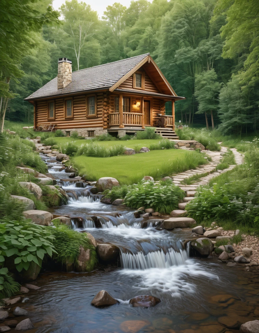 arafed log cabin sitting next to a stream in a forest, house in forest, cottage in the woods, cabin in the woods, cottage in the forest, log cabin, cottagecore, beautiful house on a forest path, cottagecore!!, solitary cottage in the woods, idyllic cottage, log homes, a brick cabin in the woods.