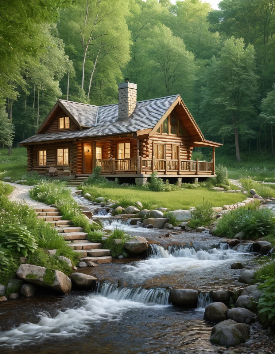 arafed log cabin sitting next to a stream in a forest, house in forest, cottage in the woods, cabin in the woods, cottage in the forest, log cabin, cottagecore, beautiful house on a forest path, cottagecore!!, solitary cottage in the woods, idyllic cottage, log homes, a brick cabin in the woods.