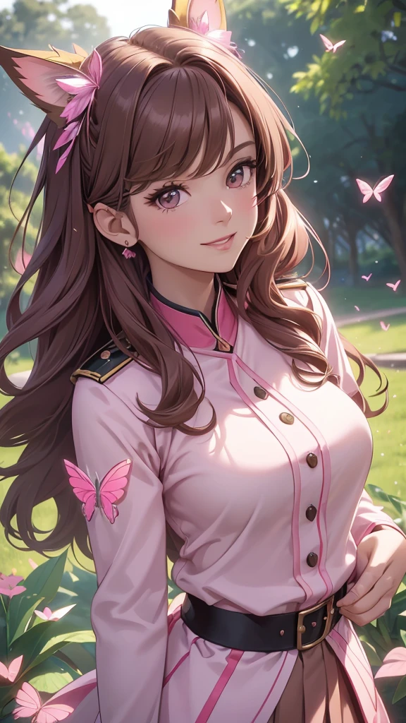 (best quality,4k,8k,highres,masterpiece:1.2),ultra-detailed,(realistic,photorealistic,photo-realistic:1.37),acrylic painting,beautiful Brazilian model in a uniform outfit with downy hair,beautiful Brazilian model with extremely colorful brown hair and detailed facial features,beautiful Brazilian model standing in a beautiful garden sakura flowers, long hair,cat ears, hair bows, red and pink uniform outfits, smile, happy face,light brown hair,butterflies, brown eyes, mature woman, older woman, 30 year old, adult woman. Older lady, posing,Solo, teal and pink butterflies, close up