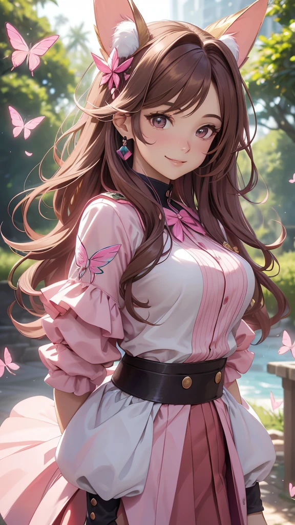 (best quality,4k,8k,highres,masterpiece:1.2),ultra-detailed,(realistic,photorealistic,photo-realistic:1.37),acrylic painting,beautiful Brazilian model in a uniform outfit with downy hair,beautiful Brazilian model with extremely colorful brown hair and detailed facial features,beautiful Brazilian model standing in a beautiful garden sakura flowers, long hair,cat ears, hair bows, red and pink uniform outfits, smile, happy face,light  brown  hair,butterflies, brown eyes,  mature woman, older woman, 30 year old, adult woman. Older lady, posing,Solo, teal and pink butterflies, close up