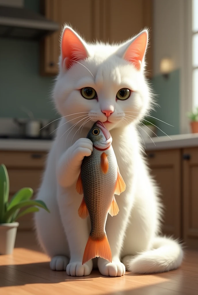 white cat with fish in mouth in kitchen